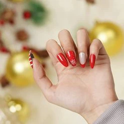 Flash Sale 🧨 3 Pack 🔔 Christmas Press On Nails - 🔔 Christmas Fake Nails Long With 72pcs 🔔 Christmas Elk, 🔔 Christmas Snowflake, 🔔 Christmas Stripes For 👩 Women And 👧 Girls Nail Art Apricot Green Lines ✔️ -Air Powered Tools Sales 41VdaSbhhhL