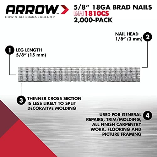 Deals ๐ BN1810CS 18-Gauge Steel Brad Nails For Molding, Cabinets, Framing, Trim, And Finishing, Safe To Use With Electric Or Battery Powered Nailers, Steel, 5/8 Inch, 1000 Pack ๐ 2 Deals ๐ BN1810CS 18-Gauge Steel Brad Nails For Molding, Cabinets, Framing, Trim, And Finishing, Safe To Use With Electric Or Battery Powered Nailers, Steel, 5/8 Inch, 1000 Pack ๐ - Image 2