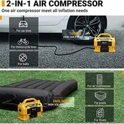Best deal 🛒 Tire Inflator Air Compressor Portable Cordless Car Tire Pump 160 PSI 3 Power Supply 12V DC / 110V AC / 20V Battery With Dual Metal Motors & LCD Pressure Gauge For Tires & Inflatable 🎁 -Air Powered Tools Sales 61Bs8yDuSZL